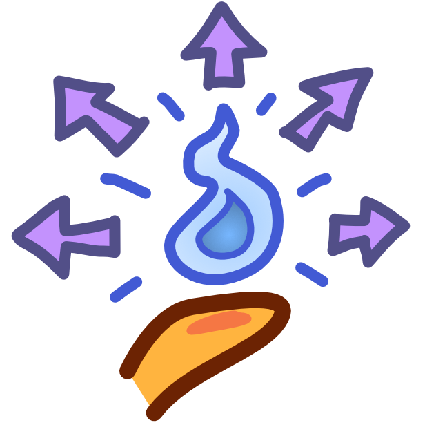 A yellow hand with a blue flame hovering above it. The flame is surrounded by blue emphasis lines and short purple arrows pointing away from it. The image has dark line art. 